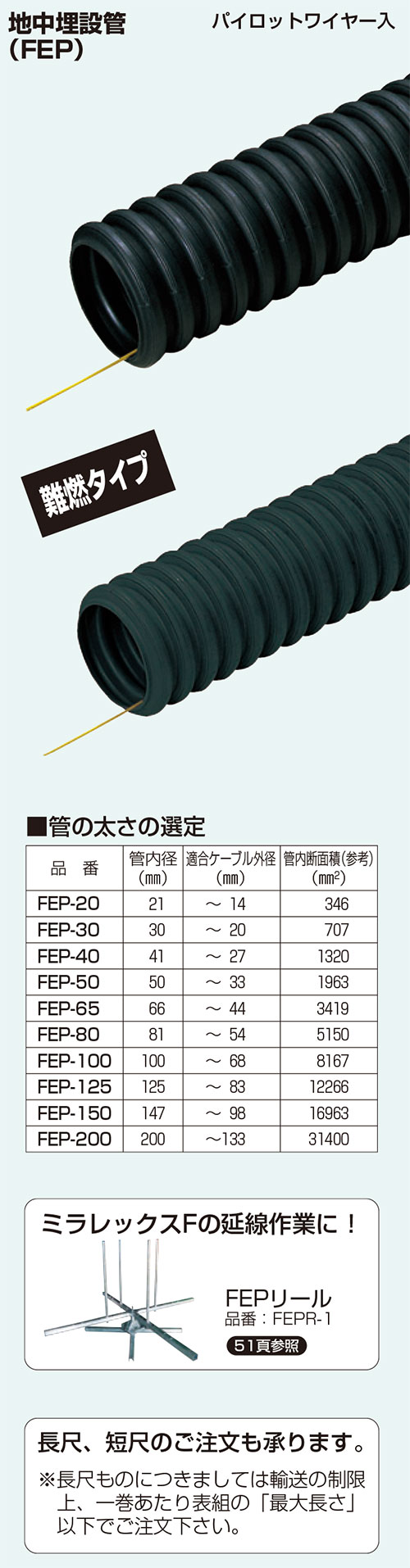 未来工業株式会社・FEP-125 ミラレックスF FEP管 125φ 【電線 